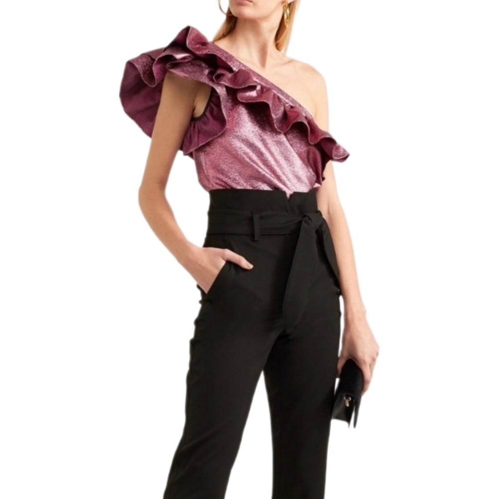 PHILOSOPHY DI LORENZO‎ SERAFINI | Pink Metallic Ruffle One-Shoulder Top 4